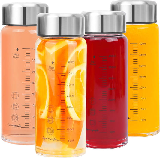 Glass Juice Bottles 4 Pack 16 oz - Wide Mouth Glass Water Bottles with Lids - for Juicing, Smoothies, Milk, Protein, BPA Free, Reusable, Stainless Steel Lids, Leak Proof, Shaker bottle (16oz/500ml)
