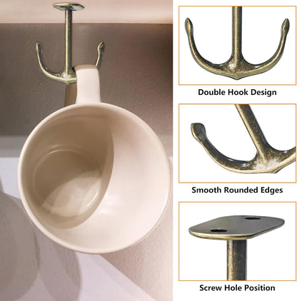 Anchor Shape Zinc Alloy Double Prong Ceiling Hooks, 4-Pack Under Shelf Coat Hooks Hanging Towel Robe Clothes Cap Bathroom Kitchen Cabinet Garage Use (Bronze)