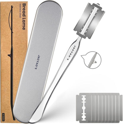 JACYAO'S Bread Lame, Sourdough Scoring Tool Made From 304 Stainless Steel, Professional Bread Scoring Tool with 10 Razor Blades and Metal Storage Box