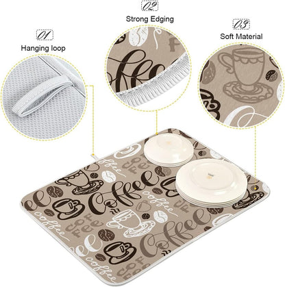 Brown Coffee Dish Drying Mat - 16 x 18 Inch Reversible Microfiber Kitchen Mat with High Absorbency