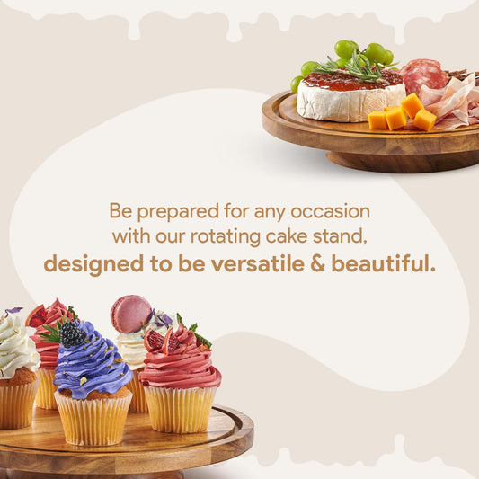 Rotating Cake Stand With Lid - 12 Inch Round Cake Holder with Cover, 4” Tall, Acacia Wood Spinning Cake Turntable for Decorating, Display and Serving Platter, Acrylic Cake Dome, No Glass