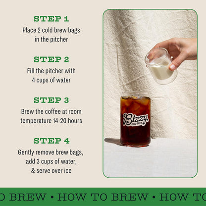 Bizzy Organic Cold Brew Coffee | Espresso Blend | Coarse Ground Coffee | Medium-Dark Roast | Micro Sifted | Specialty Grade | 100% Arabica | Brew Bags | 4 Count | Makes 14 Cups