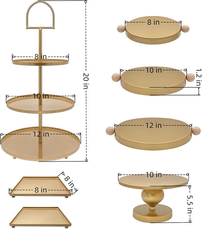 Set of 7 Gold Cake Stands Metal Dessert Display Holder Round 3 Tier Cupcake Stand Serving Tray Platter Cake Pedestal Stand for Party Weddings Birthday Baby Showers Anniversary