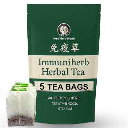 Herb Guru Immuniherb Herbal Tea Bags – Healthy Immune Function & Respiratory Comfort with Ginger, Balloon Flower, Mint & Licorice Root – Caffeine Free Tea, 0.88 Ounces