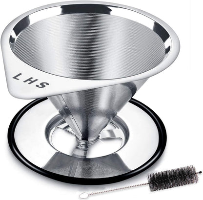 LHS Pour Over Coffee Dripper Stainless Steel Coffee Filter Metal Cone Filter Paperless Reusable Coffee Filter Single Cup Coffee Maker 1-4 Cup With Non-slip Cup Stand and Cleaning Brush