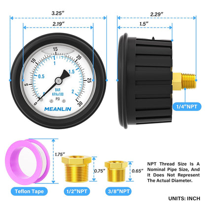 MEANLIN MEASURE 0~30Psi Stainless Steel 1/4" NPT 2.5" FACE DIAL Liquid Filled Pressure Gauge, Center Back Mount (with Rubber Protective Sleeve), with 1/2" NPT and 3/8" NPT Hex Bushing