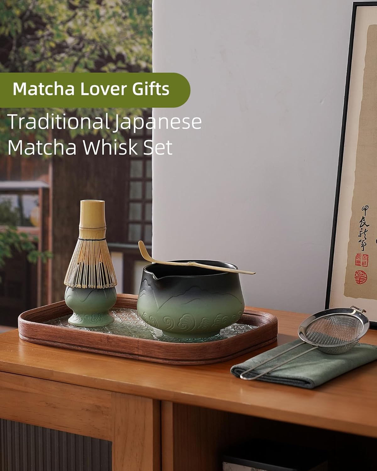 ZENS Matcha Whisk Set, 15oz Matcha Set with Bowl and Bamboo Whisk, Sifter, Scoop, (Chasen Holder) -Tea Towel, 6pcs Matcha Kit Chawan for Matcha-Making, Sage Green