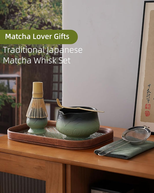 ZENS Matcha Whisk Set, 15oz Matcha Set with Bowl and Bamboo Whisk, Sifter, Scoop, (Chasen Holder) -Tea Towel, 6pcs Matcha Kit Chawan for Matcha-Making, Sage Green