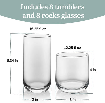 Libbey Ascent Tumbler and Rocks Drinking Glasses Set of 16, Glass Drinking Glasses with Curvature, Versatile Glassware Set for Parties and More