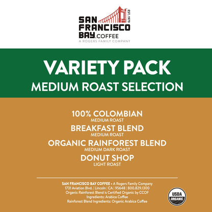 San Francisco Bay Compostable Coffee Pods - Variety Pack Medium Roast (40 Ct) K Cup Compatible including Keurig 2.0, Colombian, Breakfast, Organic Rainforest, Donut Shop