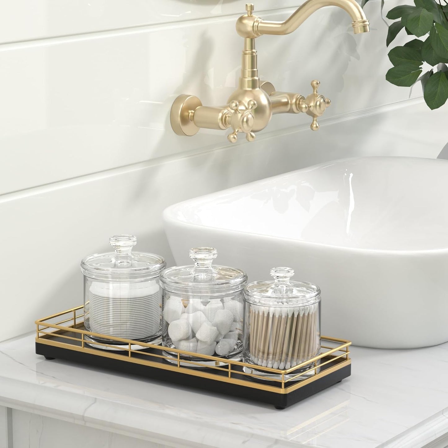 Wooden Decorative Tray, Oak 11.2" L Coffee Table Tray for Kitchen Countertop Soap Sponge Holder Candle Nightstand Table Centerpieces for Dining Room Decor Black Gold