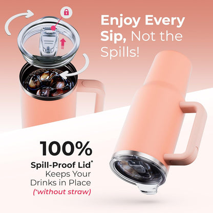 40 oz Tumbler With Handle and Straw Made of Stainless Steel - Double Wall Vacuum Insulated Tumbler With Lid - Sweat Proof Easy Grip, BPA-Free, Dishwasher Safe Tumbler (Peach)