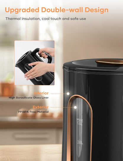 Offacy Electric Kettle, Tea Kettle Pot, Double Wall Glass Inner 1.5L/1200W, Hot Water Kettle Teapot Boiler & Heater with Automatic Shut Off, BPA-Free & LED Indicator Lights, Black