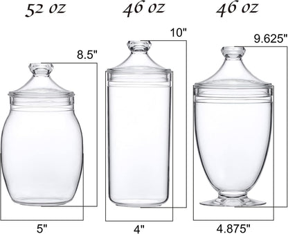 Amazing Abby - Adore - Plastic Apothecary Jars (3-Piece Set, 52/46/46 oz), Acrylic Jars with Lids, Bathroom Canisters, Candy Buffet, Wedding Display, BPA-Free and Shatter-Proof (NOT Glass)
