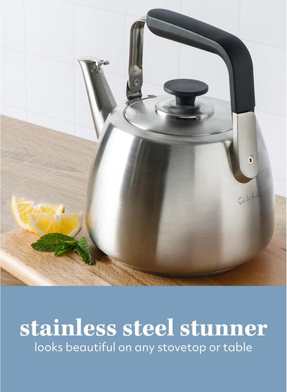 Sur La Table Kitchen Essentials Large 2 QT Heavy Gauge Brushed Stainless Steel Whistling Tea Kettle