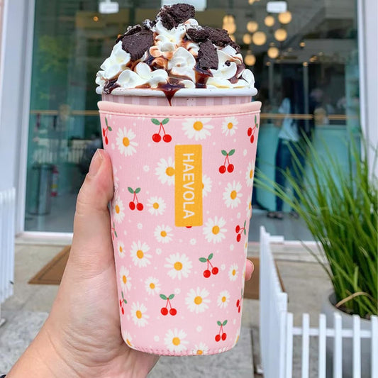 Reusable Insulated Neoprene Iced Coffee Cup Sleeve, Durable Drink Sleeve for Cold Beverages, Beverage Holder for Iced Coffee, Cherry Daisies