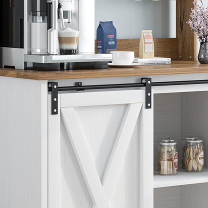 Farmhouse Coffee Bar with Hutch, White Coffee Bar Cabinet with Storage Sliding Barn Door, 31 Inch Buffet Cabinet with 6 Hooks, Coffee Bar Table with Adjustable Shelves for Living Dining Room