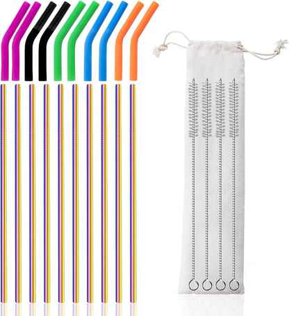 Lazycorner 10 Pcs Metal Straw Reusable 8.5" 6mm Stainless Steel Straws,20oz-32oz, Colorful Drinking Straws with Silicone Tips, 4 Straw Cleaner Brush, 1 Travel Case