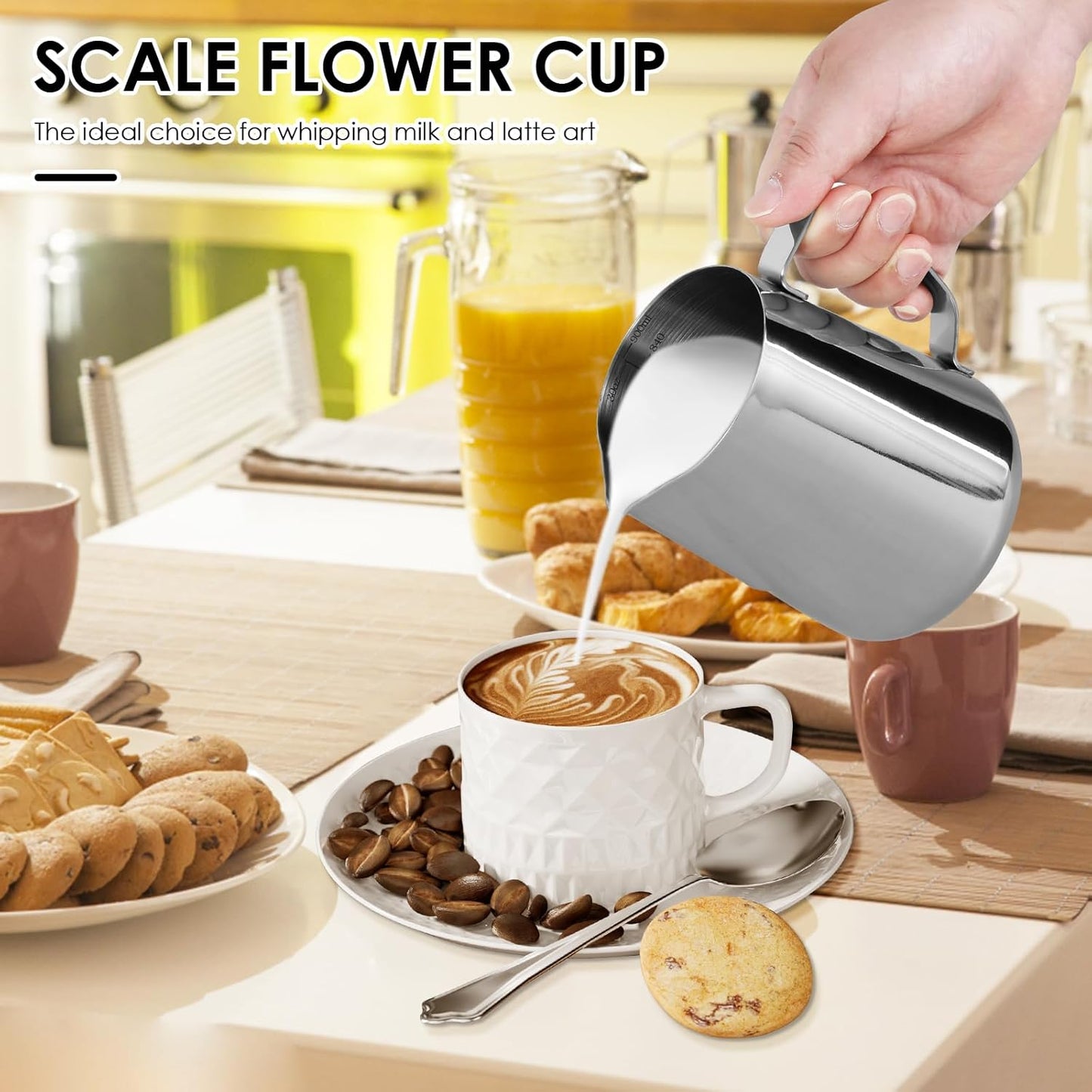 900ml Stainless Steel Milk Frothing Pitcher with Measurement Marks, 32oz Steaming Pitcher for Coffee, Cappuccino, Latte Art Milk Jug Cup for Home & Professional Use (1)