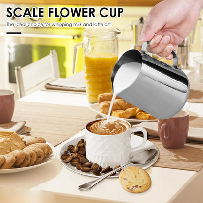 900ml Stainless Steel Milk Frothing Pitcher with Measurement Marks, 32oz Steaming Pitcher for Coffee, Cappuccino, Latte Art Milk Jug Cup for Home & Professional Use (1)