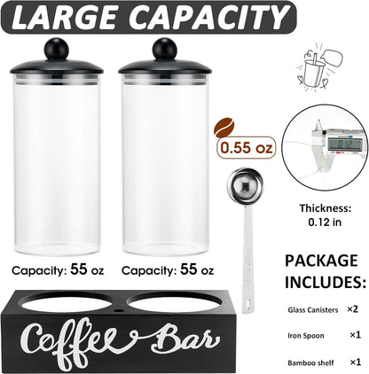 Yangbaga Glass Sugar Coffee Canister for Ground Coffee,2×55OZ Coffee Containers with Handle Shelf Coffee Bar Station Accessories Organizer Decor,Food Storage Jars with Iron Coffee Scoop for Kitchen