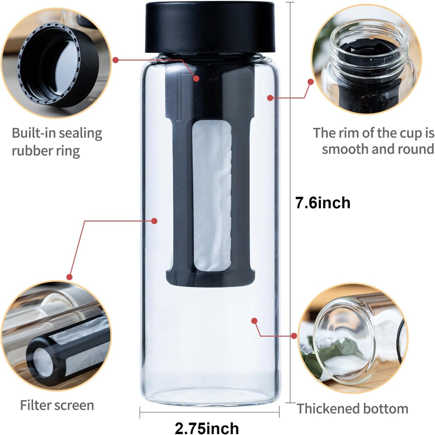 19oz Cold Brew Bottle, Cold Brew Maker with Removable Filter, BPA - Free Portable Cold Brew Tea Bottle for Iced Tea, Cold Brew & Fruit Infusion (Black)
