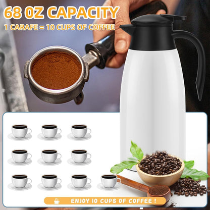 68oz Thermal Coffee Carafe, 2 Pack Airpot Insulated Coffee Urns Stainless Steel Vacuum Thermal Pot Dispenser for Coffee, Hot Water, Tea, Hot Beverage - Keep 12 Hours Hot, 24 Hours Cold (White)