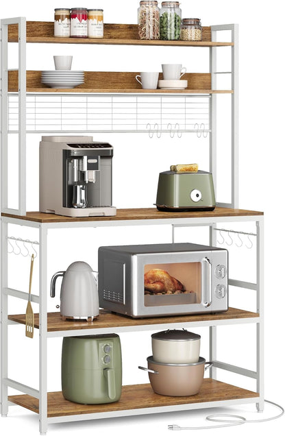 VASAGLE Hutch Bakers Rack with Power Outlet, 14 Hooks Microwave Stand, Adjustable Coffee Bar with Metal Wire Panel, Kitchen Storage Shelf, 15.7 x 39.4 x 66.9 Inches, Rustic Walnut and White UKKS038W41