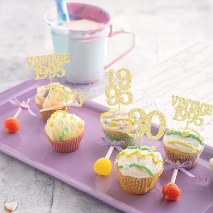 Gyufise 24Pcs Happy 30th Birthday Cupcake Toppers Glitter Thirty 30 Fabulous Vintage 1995 Cupcake Picks for 30th Birthday Wedding Anniversary Party Cake Decorations Supplies Gold