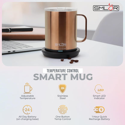 SMLDR Pro Heated Mug, 14 oz Smart Mug, Self-Heating, Adjustable Temperature, Battery Powered Heated Coffee Mug, Quick Recharge Time, Great for Coffee & Tea, Excellent Gift (Rose Gold)