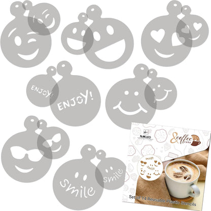 NAKLEO Coffee Stencils and Cookies Decoration 14Pcs 2.8”x2.8” and 4.3”x4.3”, Reusable Plastic Baking Templates, Emotion Smileys Emoticon, Barista DIY Art Craft, Capuccino Latte Chocolate Cake Biscuit