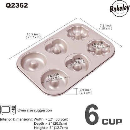 Fancy Donut Pan, 6 Cavity Donut Mold Heavy Duty Steel Non-stick Heart Flower Round Shaped Bund Pans Pattern Doughnut Bakeware for Oven Baking (Champagne Gold)