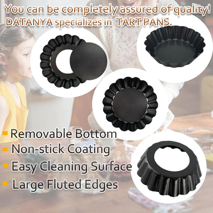 DATANYA 24Packs Mini Tart Pans 3 Inch with Removable Botttom, Carbon Steel Fluted Tart Tin Shell Mold Round Nonstick 3'' Quiche Pans for Pies, Mousse Cakes, Dessert Baking