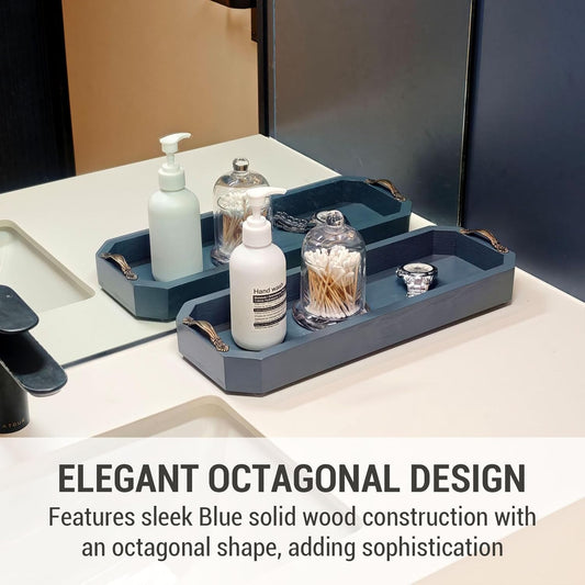 MyGift 16 Inch Modern Blue Toilet Tank Tray, Bathroom Sink Counter Solid Wood Octagonal Organizer with Gold Tone Metal Handles, Wooden Vanity Storage Decor