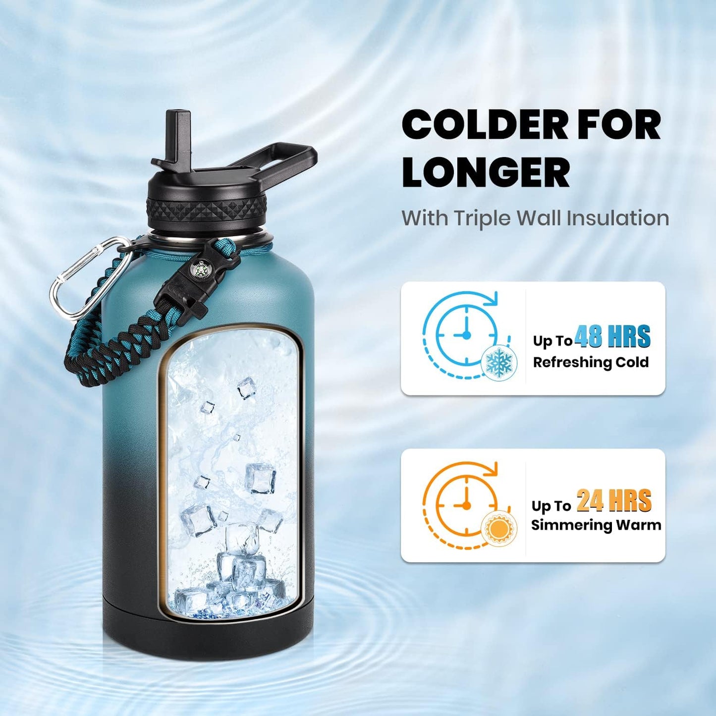 Insulated Water Bottle 64 oz, Triple Wall Vacuum Stainless Steel (Cold for 48 Hrs), Leak Proof & Non-BPA, Half Gallon Water Flask Jug with Paracord Handle & Straw Spout Lids