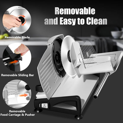 OSTBA Meat Slicer with Quiet DC Motor, 200W Electric Deli Slicer, Dual 7.5'' Stainless Steel Blades, 0-15mm Adjustable Thickness, Easy to Clean, Ideal for Meat, Cheese, Bread, and Vegetables