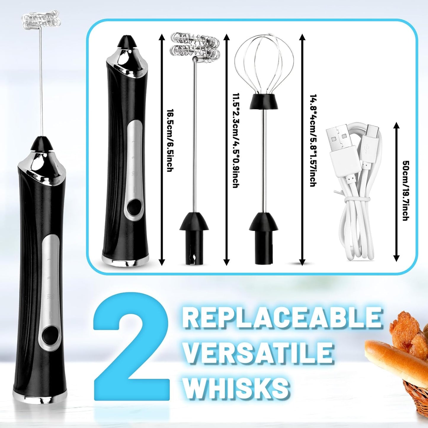 TonJin Milk Frother USB-C Rechargeable Handheld Frother Wand with 2 304 Stainless Whisks, New Upgraded 3 Speeds Coffee Whisk Frother Electric Drink Mixer for Lattes, Cappuccino, Egg, Matcha, Black