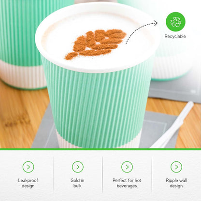 Restaurantware 12 Ounce Ripple Wall Disposable Coffee Cups, 500 Insulated Midnight Light Green Paper Tumblers with Rolled Rim Design, Lids Sold Separately for Hot Drinks like Tea, Hot Chocolate