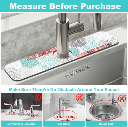 Findosom 2PCS 17" x 32" Dish Drying Mat & 24" x 5.5" Sink Splash Guard, Super Absorbent & Cuttable Dish Mat Drying Kitchen Mat with Teal Floral, Hide Stain Drying Mat for Kitchen Counter