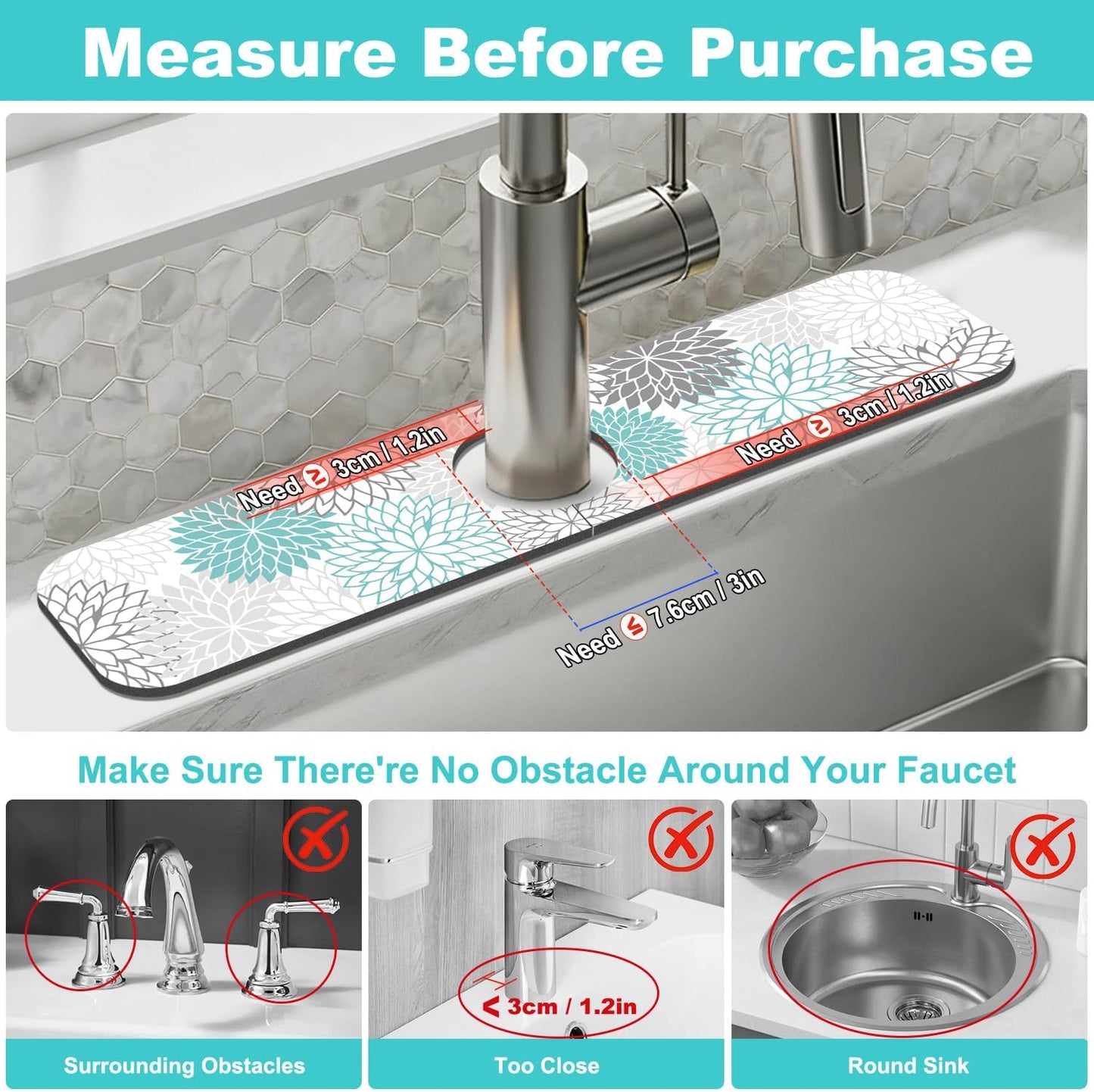 Findosom 2PCS 16" x 24" Dish Drying Mat & 24" x 5.5" Sink Splash Guard, Super Absorbent & Cuttable Dish Mat Drying Kitchen Mat with Teal Floral, Hide Stain Drying Mat for Kitchen Counter