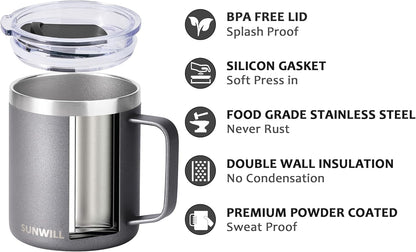 SUNWILL Travel Coffee Mug with Lid, Insulated Tumbler with Handle, 14 oz Stainless Steel Cup for Ice, Water, Tea, Powder Coated Cool Grey
