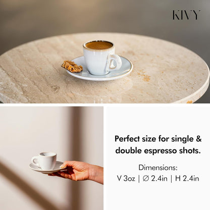 KIVY Espresso Cups Set of 4 [Set 4x 3oz]- Espresso Set Thick Walled Stoneware Espresso Cup Set - Italian Style Espresso Cups and Saucers - Coffee Mugs - Pastell Green, Blue