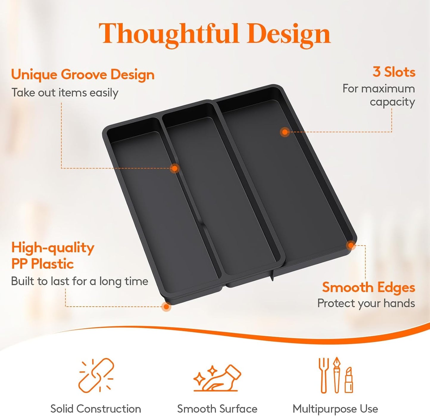 Lifewit Utensil Drawer Organizer, Expandable Cooking Silverware Tray for Kitchen Drawer, Adjustable Cutlery Flatware Holder, Plastic Spatula Tools and Gadgets Storage Divider, 3 Compartments, Black