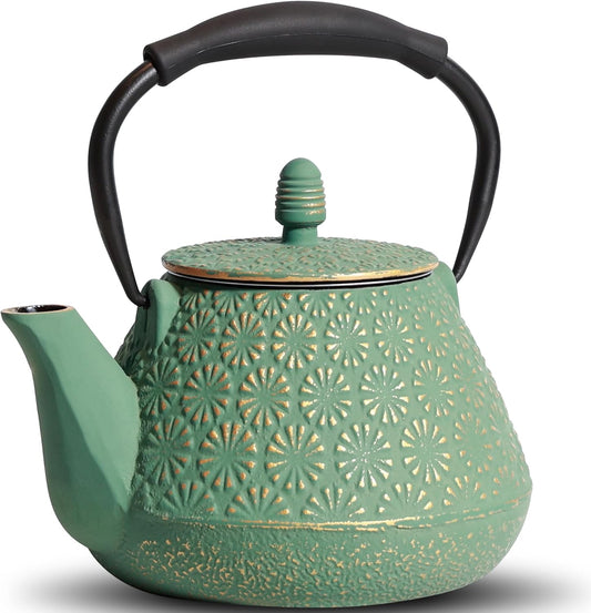 Cast Iron Teapot, 32oz Tea Kettle with Infuser for Stove Top, Sakura Blossom Pattern Japanese Tea Pot for Tea & Coffee Coated with Enameled Interior, Silicone Handle 950ml Green