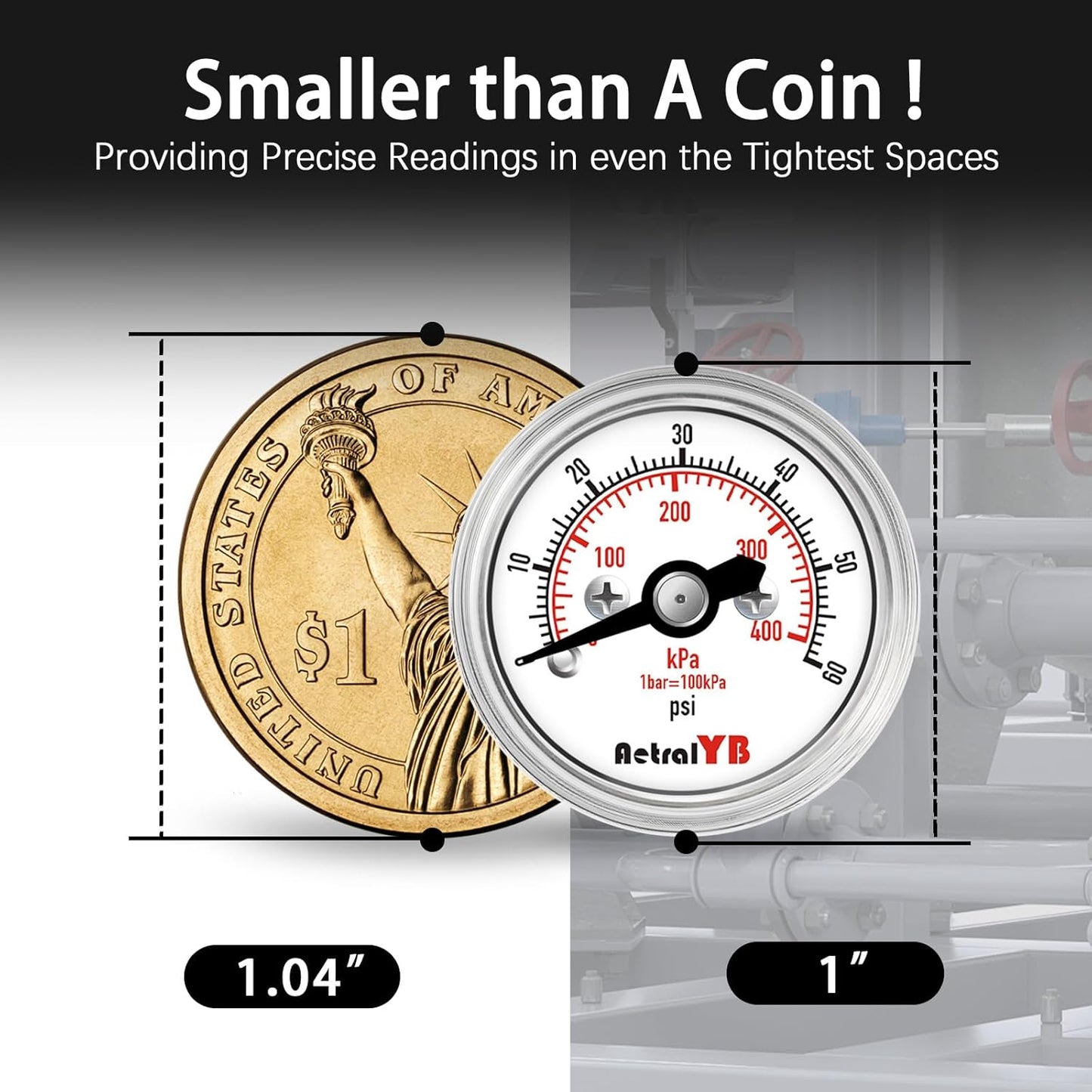 0-60Psi/400Kpa Pressure Gauge, 1 Inch Dial, 1/8" NPT Back Mount, Mini Air Pressure Gauge, 304 Stainless Steel Case, for Water Pumps, Air Compressors Pressure Test