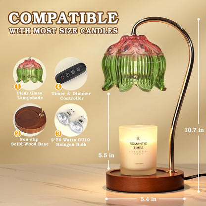Glass Candle Warmer Lamp with Timer, Electric Candle Warmer Lamp, Graduation Birthday Gifts for Women Girls, Flower Candle Light Warmer Gifts, Aromatic Candle Warmer for Vintage Home Decor