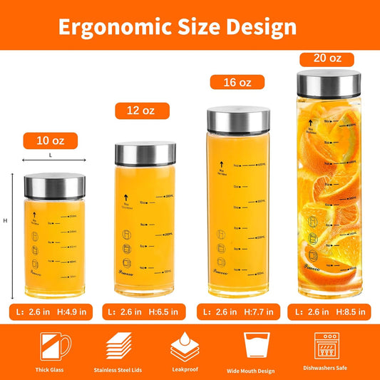 Glass Juice Bottles 6 Pack 10 oz - Wide Mouth Glass Water Bottles with Lids - for Juicing, Protein, Smoothie, Milk, Reusable, BPA Free, Stainless Steel Lids, Blender, Shaker Bottle [10oz/300ml]