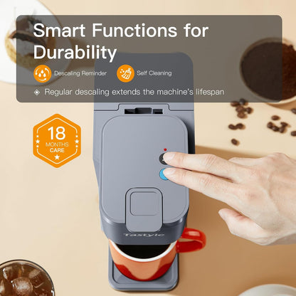 Mini Hot and Iced Coffee Maker Single Serve, for K Cup and Ground, 6 to 14 Oz Brew Sizes, with Recipe Book, for Home, Travel, RV, Office and Dorm, Elegant Gray