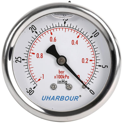 Glycerin Filled Vacuum Pressure Gauge, 2-1/2" Clear dial,1/4" NPT Back Connection, Stainless Steel Case, Brass Movement, Dual Scales -30inHg/-1BAR-0