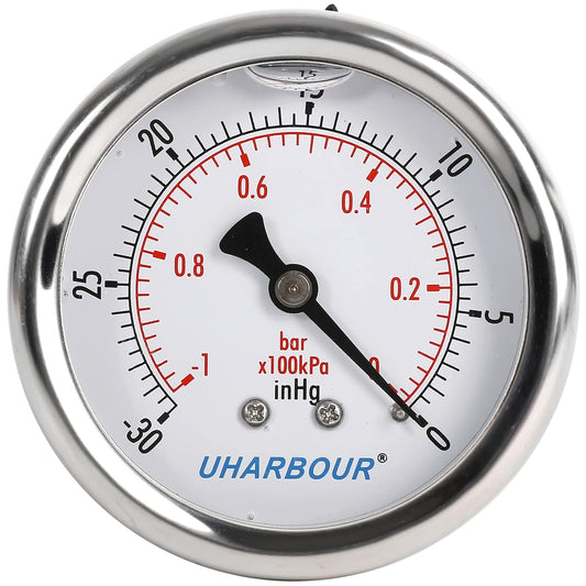 Glycerin Filled Vacuum Pressure Gauge, 2-1/2" Clear dial,1/4" NPT Back Connection, Stainless Steel Case, Brass Movement, Dual Scales -30inHg/-1BAR-0